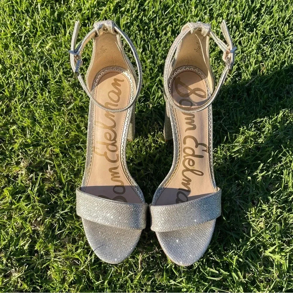 Like New! Sam Edelman Yaro Metallic Silver Leather Ankle Strap Heels Size 7 - Picture 5 of 12